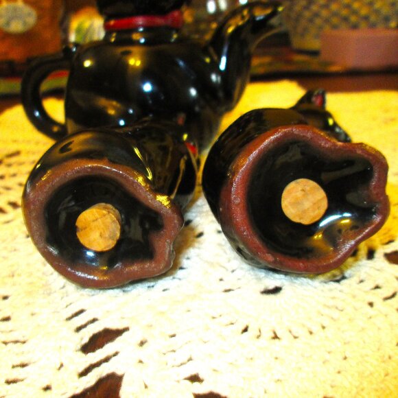 Vtg Shafford Ebony black red bowed cat teapot with salt & pepper black grown cat - Picture 3 of 15